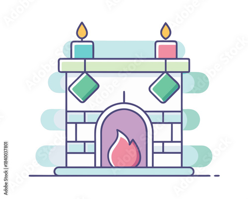 minimal fireplace outline, clean geometric mantel shape, two small stockings simplified with soft pastel colors, no shading, cozy holiday icon, isolated on pure white background, vector flat style
