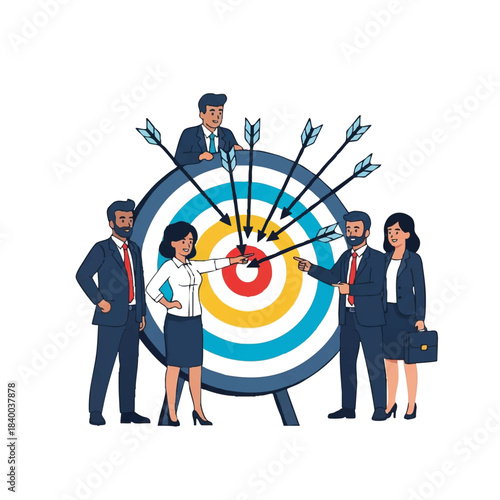 Illustration of business professionals standing around a large target with arrows hitting the bullseye on a white background.