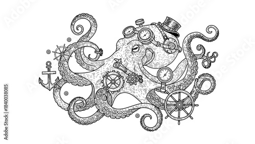 Intricate Lineart Steampunk Octopus with Gears Hat and Nautical Elements Illustration