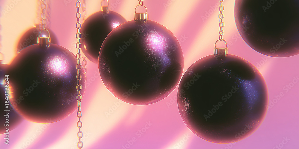 Fototapeta premium Retro 80s Christmas Background with Hanging Black Ornaments on Chains, Soft Blur, Pink Light Glare, Grainy Vintage Texture, Festive Cozy Atmosphere