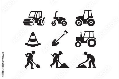 Heavy machinery and labor crew symbols for engineering graphics and project signage
