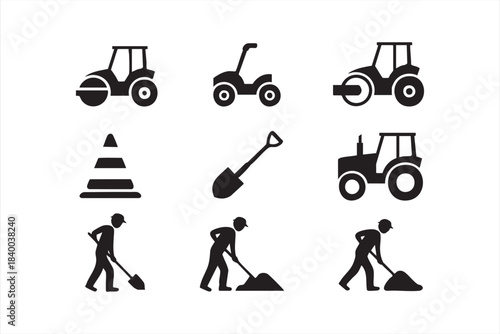 Solid construction icons featuring machinery, cones and excavation workers