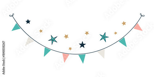 minimal star garland string, tiny geometric stars evenly spaced, thin stroke line, subtle pastel accents, modern scandi decoration, isolated on white, vector illustration
