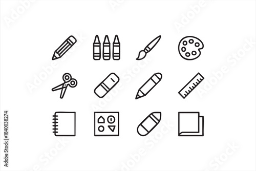 Minimalist art supply symbols featuring pencils, brushes and rulers for learning materials