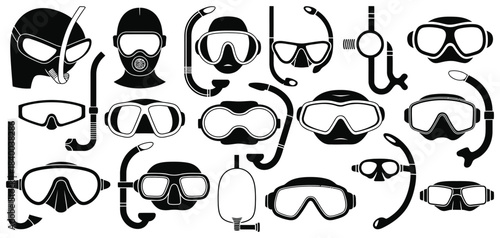 Black Swimming Mask Vector Icon Set Featuring Underwater Goggles and Snorkeling Glasses in Clean Minimal Illustration Style on a White Background