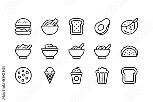 Restaurant menu icon set with line-style dishes, snacks and dessert elements