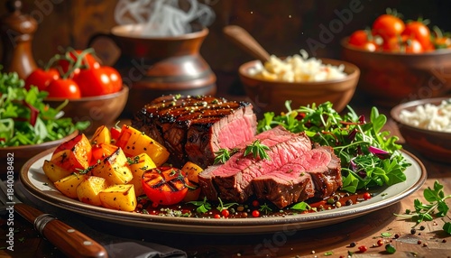 Delicious meal steak sliced with roasted potatoes, tomatoes, and greens served on a white plate with a blurred backdrop