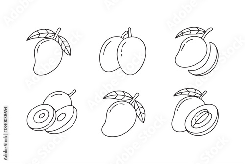 Minimalist mango vector set featuring whole fruits and sliced pieces