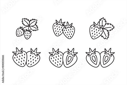 Fresh berry outline symbols featuring leafy strawberries in clean vector style