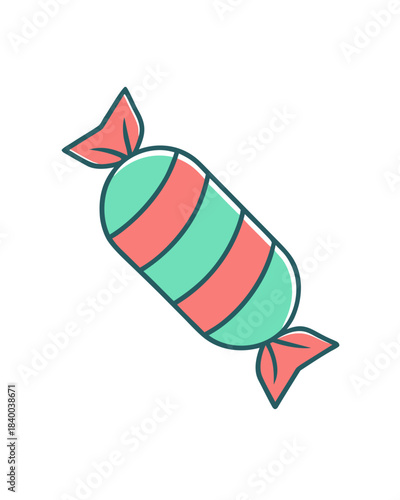 minimal wrapped candy, cylindrical shape with twisted ends, soft red or mint pastel tones, clean outline, festive treat icon, isolated on white, vector flat illustration
