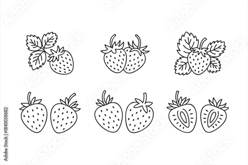 Strawberry line icons with whole and sliced berries for nutrition and food UI design