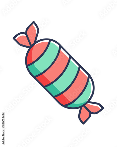 minimal wrapped candy, cylindrical shape with twisted ends, soft red or mint pastel tones, clean outline, festive treat icon, isolated on white, vector flat illustration
