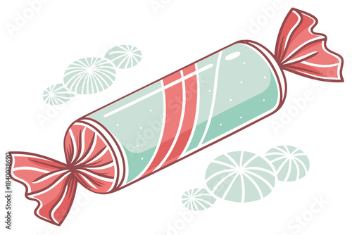 minimal wrapped candy, cylindrical shape with twisted ends, soft red or mint pastel tones, clean outline, festive treat icon, isolated on white, vector flat illustration
