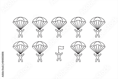 Minimal parachute vector set featuring descent figures and canopy silhouettes