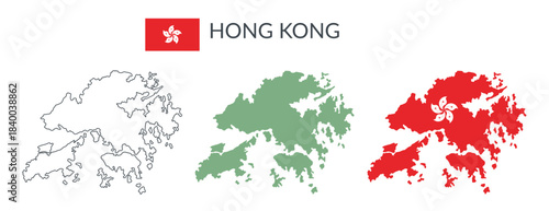 Hong Kong geographical borders isolated on white background. Flag of Hong Kong. Vector flat cliparts.
