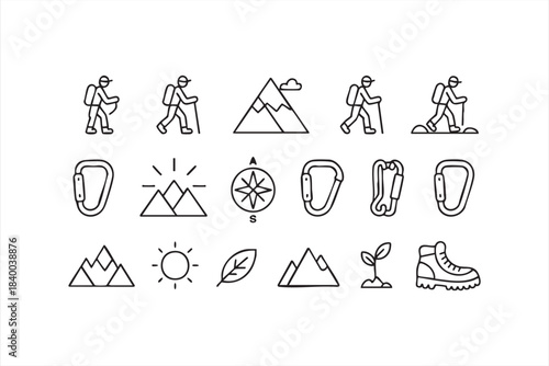 Hiking and mountain adventure line icons for travel guides and navigation UI