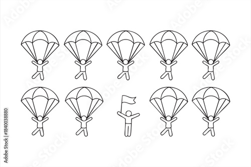 Parachute descent icon pack with airborne figures and flight variations