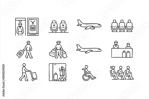 Aviation vector set featuring check-in desks, boarding scenes and mobility access