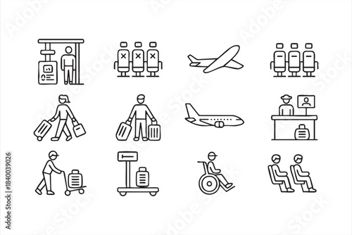 Aviation vector set featuring check-in desks, boarding scenes and mobility access
