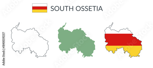 South Ossetia geographical borders isolated on white background. Flag of South Ossetia. Vector flat cliparts.