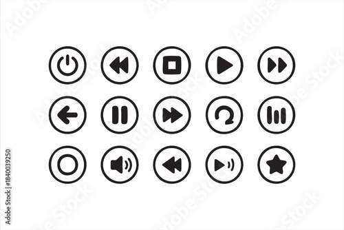 UI control icons for audio-video playback, navigation and interactive screens