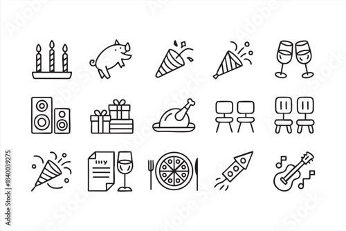 Clean outline party icons including confetti, pizza, gifts and celebration drinks