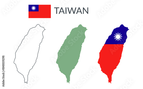 Taiwan geographical borders isolated on white background. Flag of Taiwan. Vector flat cliparts.