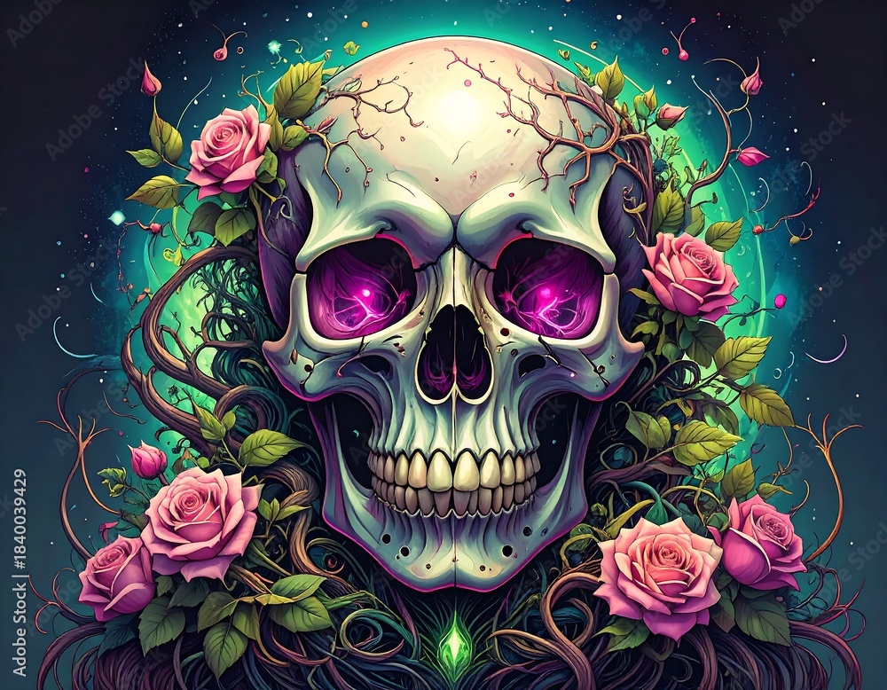 Fototapeta premium Skull adorned with roses and vines, celestial backdrop