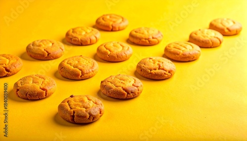 Twelve Golden-Brown Cookies with Cracked Tops on Bright Yellow Surface with Scattered Seeds
