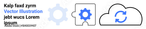 Data synchronization, cloud services, team collaboration, process automation, software integration, innovation. Gear, puzzle piece and cloud outline with sync symbol. Data synchronization and cloud