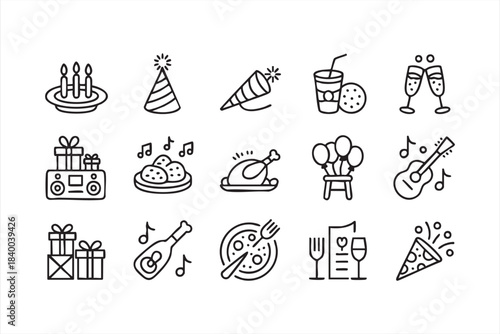 Festive party line icons with food, drinks, confetti and celebration elements