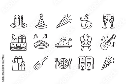 Celebration vector symbols featuring gifts, music, snacks and holiday decor