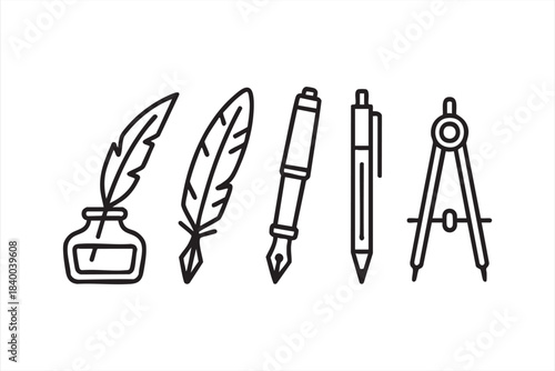 Fountain pen, pencil and compass line illustrations for design and drafting graphics