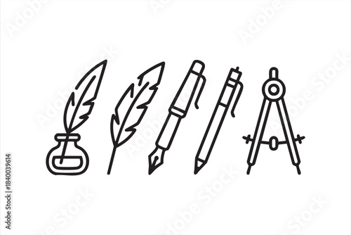Writing and drawing line icons with quill, fountain pen, pencil and compass tools