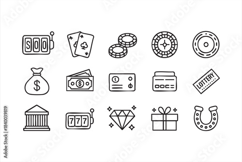 Casino gambling icon set with chips, slots, roulette wheels and money elements