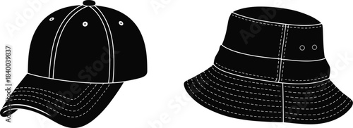Black silhouette set of a baseball cap and a bucket hat with stitching details, casual headwear apparel accessories vector collection