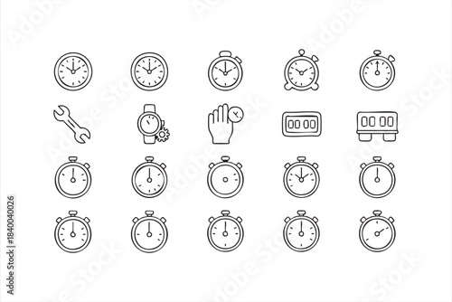 Stopwatch and time-tracking icon set with clocks, timers and digital counters