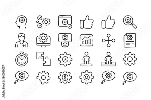 Business workflow and optimization icons with gears, charts and planning symbols