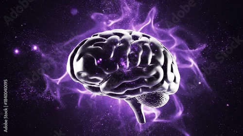 Metallic Human Brain Model with Glowing Purple Energy Field.