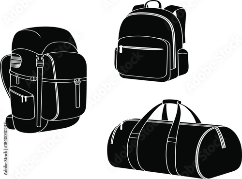 Set of three travel bag silhouettes: hiking backpack, school backpack, and duffel bag, luggage and accessory collection vector illustration