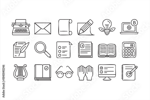 Writing and academic tools line icon set for publishing and education platforms