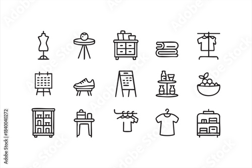 Store display vector set featuring clothing racks, signage and countertop layouts