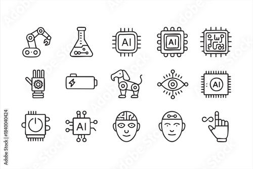 Robot dog, cyber eye and bionic hand icons for advanced tech concepts