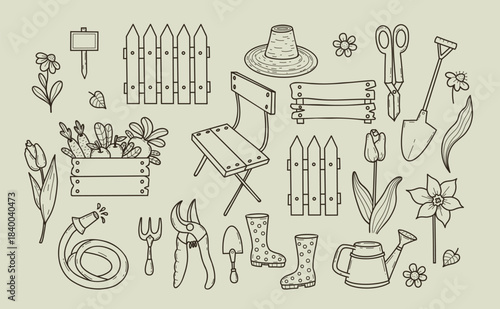 Rustic Home Gardening Doodles. DIY Sketch Outline Set For Farmhouse Decor And Design. Isolated Drawings of Farming And Floriculture Elements. Vector illustration. Not AI