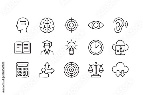 Outline icons representing thinking, comprehension and academic tools