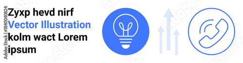 Innovation, technology, communication, strategy, growth, business development. Blue light bulb, phone icons with upward arrows. Innovation and communication as focus on strategy and technological
