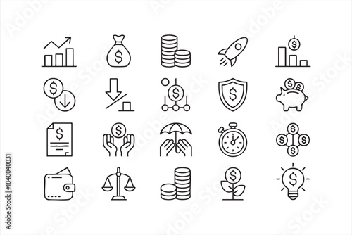 Minimalist finance symbols showing growth, savings, profits and protection