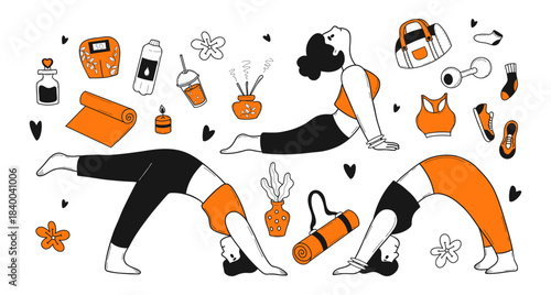 Dynamic Yoga Fitness Doodle Set. Women Athletes Do Pilates Stretching, Asana Poses, Workout Equipment, And Accessories With Orange Color Accent. Vector Illustration. Not AI