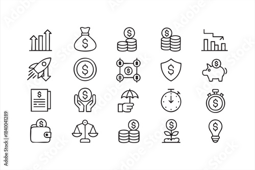 Financial investment and money management outline icons for business use