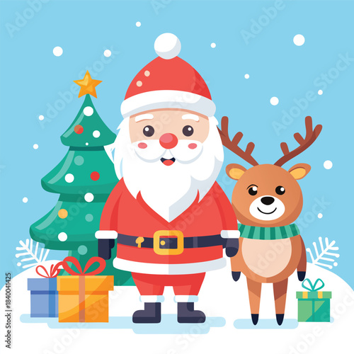 Cute kawaii christmas characters with gifts and snowflakes,   Adorable kawaii characters, including a marshmallow Santa and a round orange creature, celebrate Christmas with presents and falling snow.